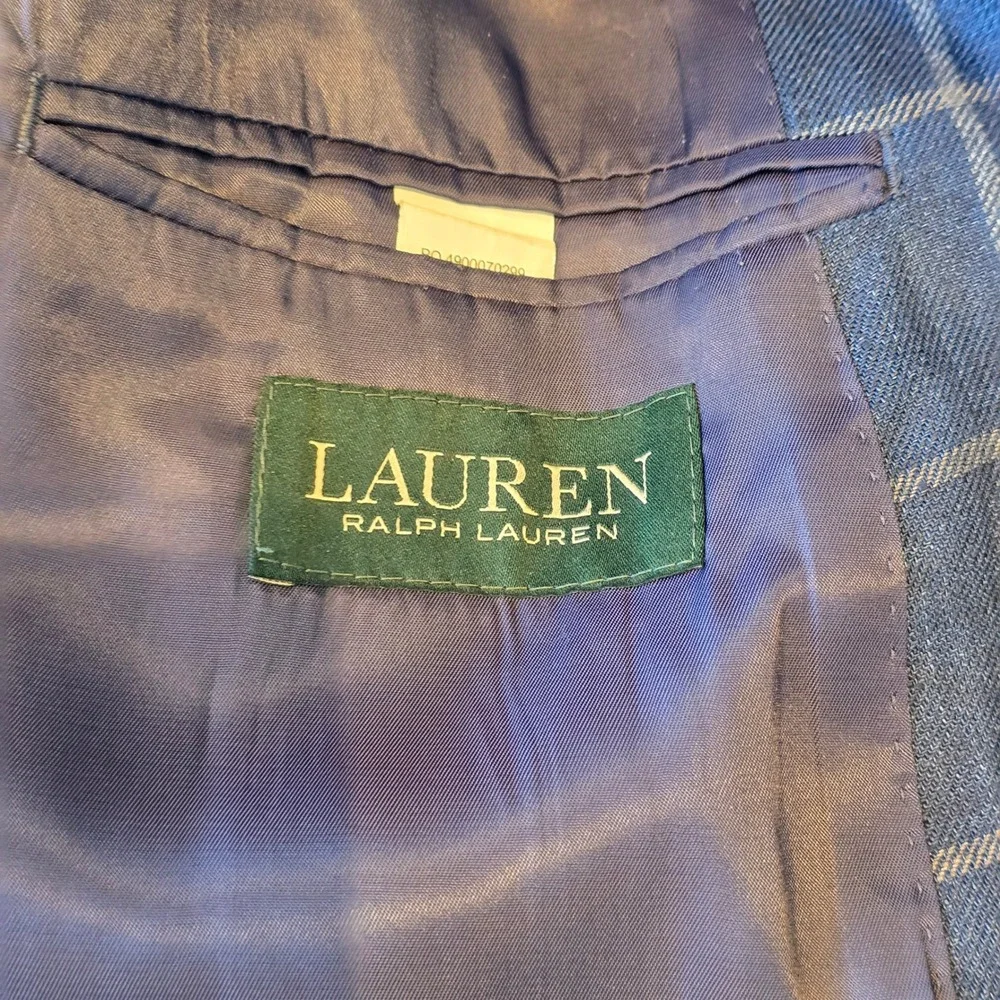 Lauren Ralph Lauren 46R Blue Windowpane Plaid 100% Linen Blazer Sport Coat Mens